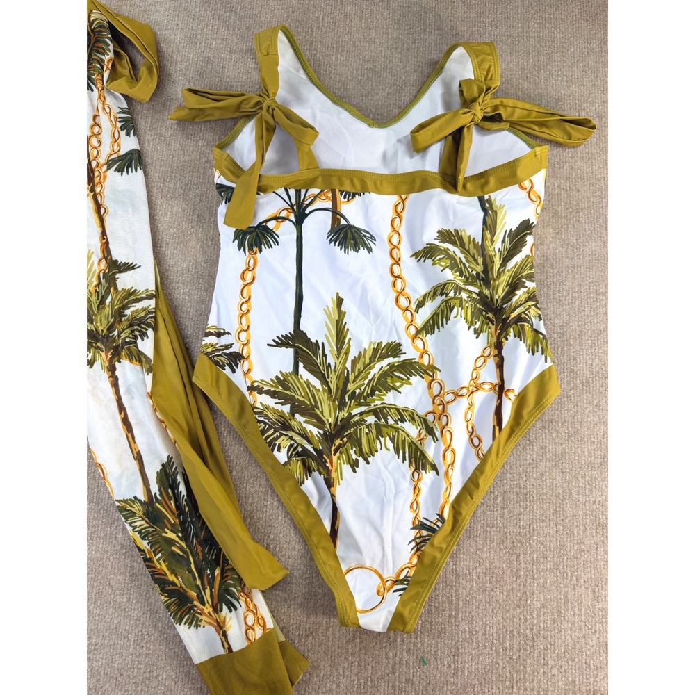 Palm Tree Chain Print One Piece Swimsuit and Sarong Set White Olive Green XL - Picture 2 of 6